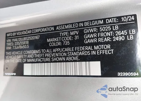 2025 Volvo Xc40 B5 Core Bright Theme from USA, damaged, VIN YV4L12UJ8S2520167